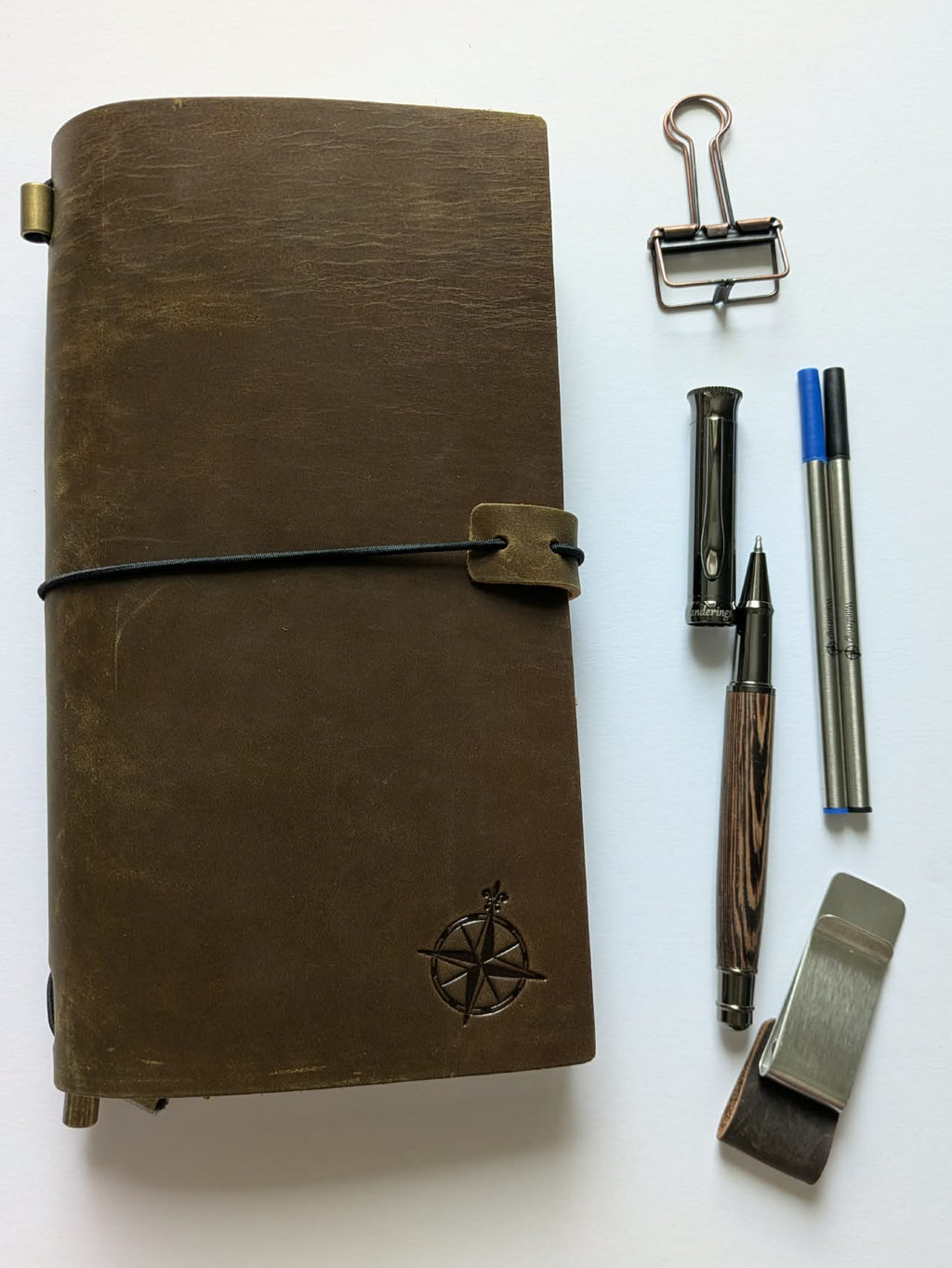 Wanderings - Leather Travellers Notebook Bundle. Journal, Pen, Clip, Refills