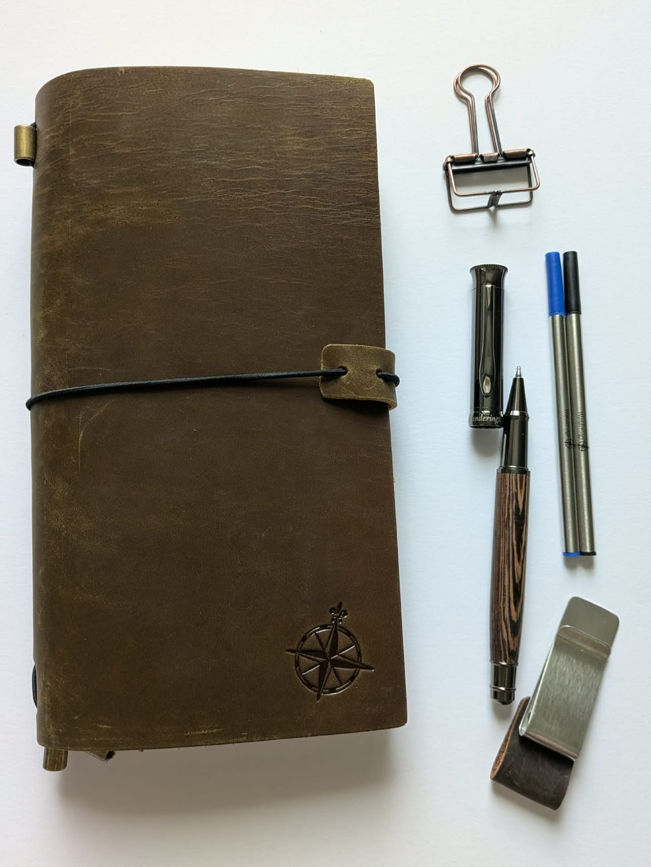 Wanderings - Leather Travellers Notebook Bundle. Journal, Pen, Clip, Refills