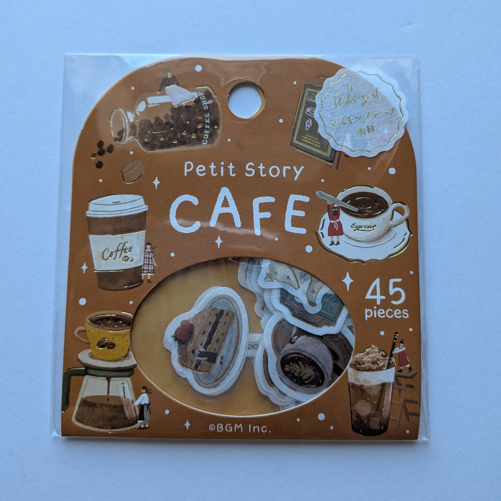 A package of 'Petit Story CAFE 45 pieces' decorative stickers on a light blue background. The packaging is brown with illustrations of coffee cups, mugs, and pastries, and features a clear plastic sleeve.