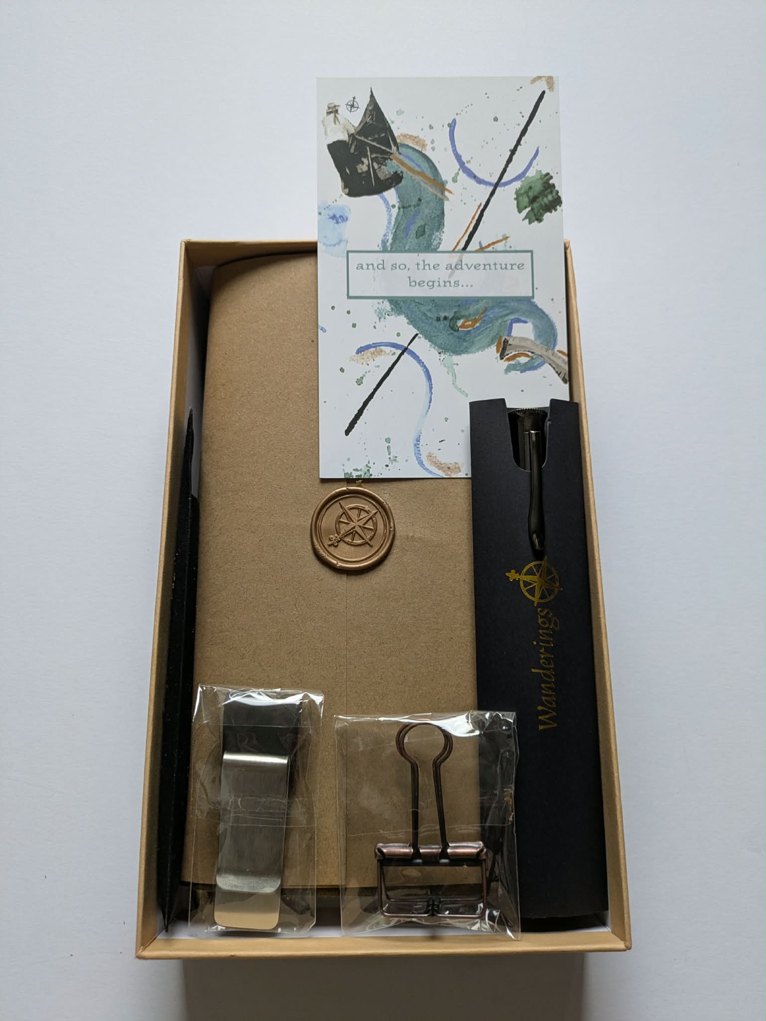 Wanderings - Leather Travellers Notebook Bundle. Journal, Pen, Clip, Refills
