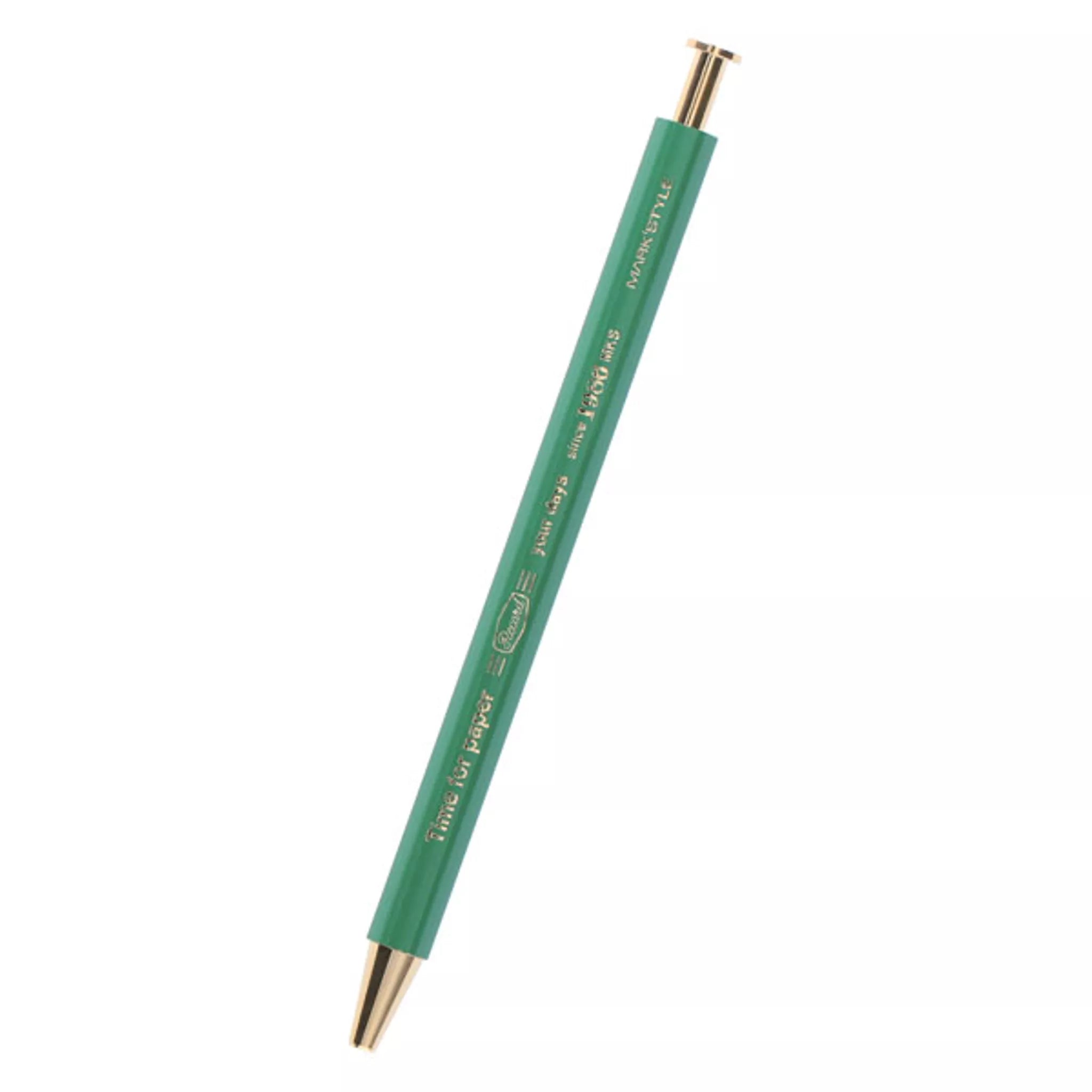 Green pen with gold accents on a white background