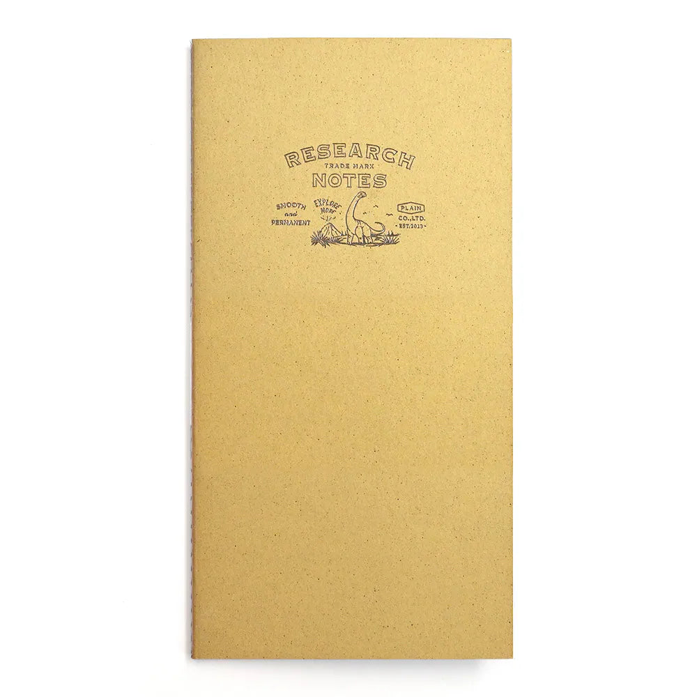 A Notebook with a textured yellow cover and black printed text reading 'RESEARCH NOTES' with a small dinosaur illustration, shown on a plain white background.