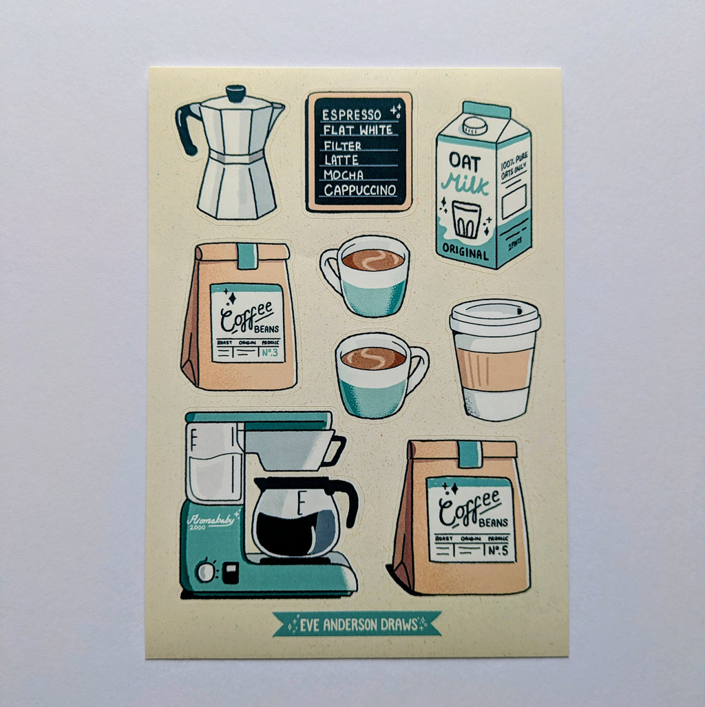 Illustrated coffee-themed items on a beige background