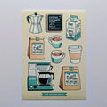 Illustrated coffee-themed items on a beige background