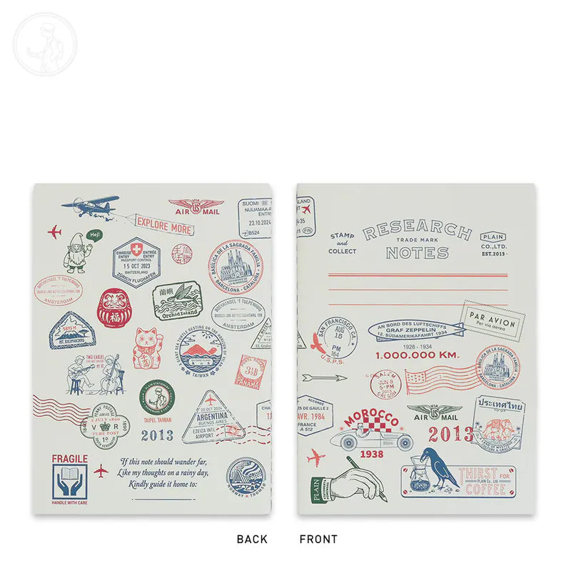 A notebook shown from both front and back, featuring a vintage travel stamp design on an off-white background. The front cover has a writing area labeled 'RESEARCH NOTES', and the back cover is covered in colorful illustrated stamps.