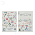 A notebook shown from both front and back, featuring a vintage travel stamp design on an off-white background. The front cover has a writing area labeled 'RESEARCH NOTES', and the back cover is covered in colorful illustrated stamps.