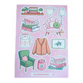 Collection of bookish drawings as stickers on pink background 