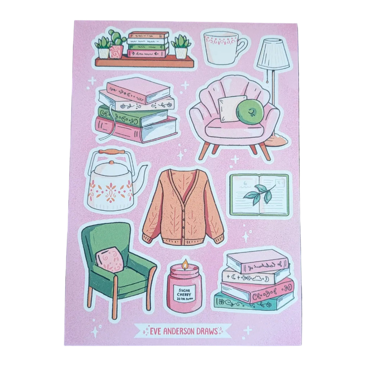 Collection of bookish drawings as stickers on pink background 