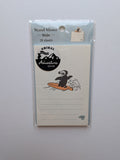 A packaged stand memo pad with a penguin on an orange surfboard illustration and the text 'Animal Adventure Club.' The top header reads 'Stand Memo Water 20 sheets.