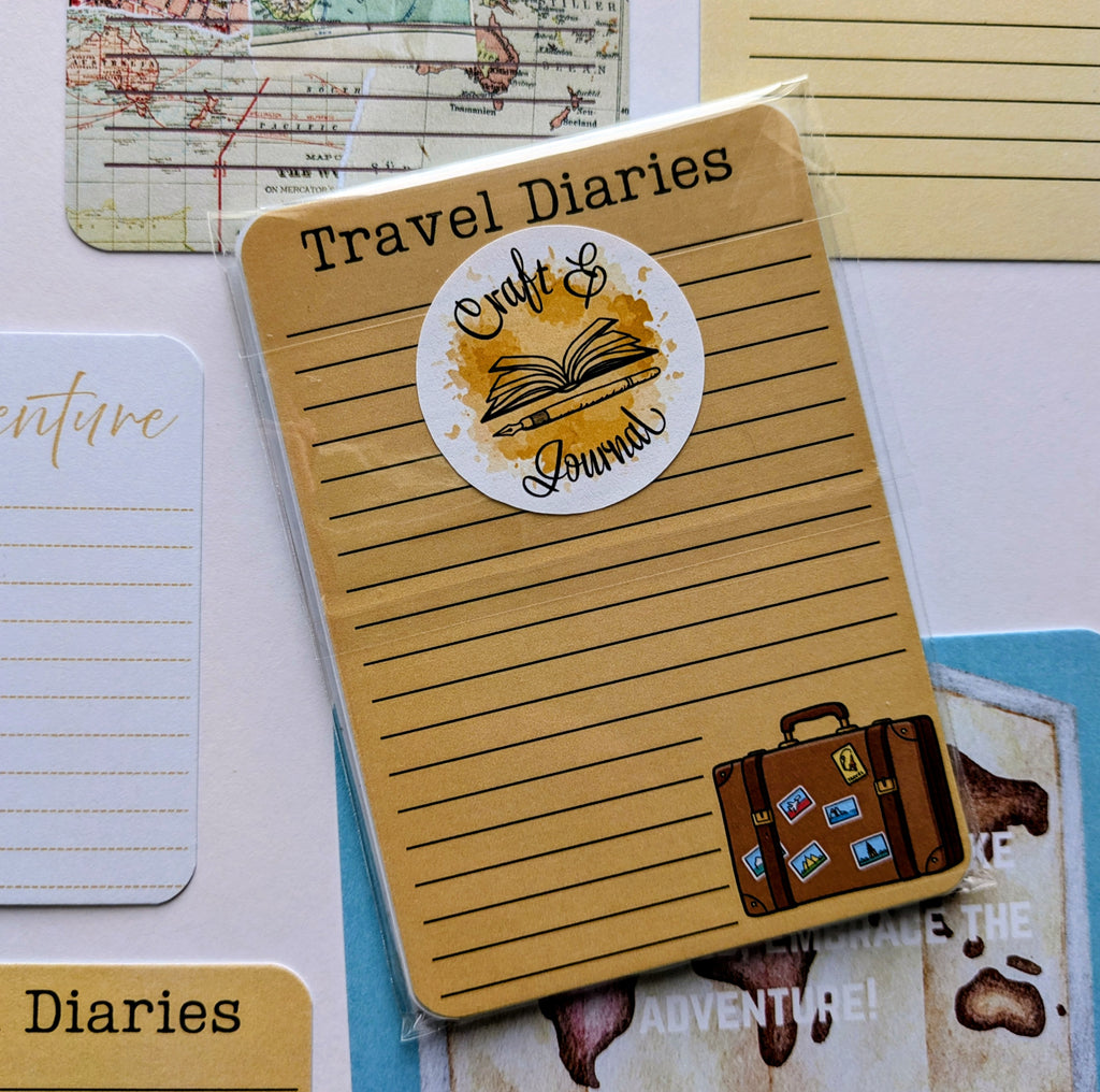 Notebook with 'Travel Diaries' and 'Craft & Journal' sticker on a decorative background with maps and travel-themed cards.