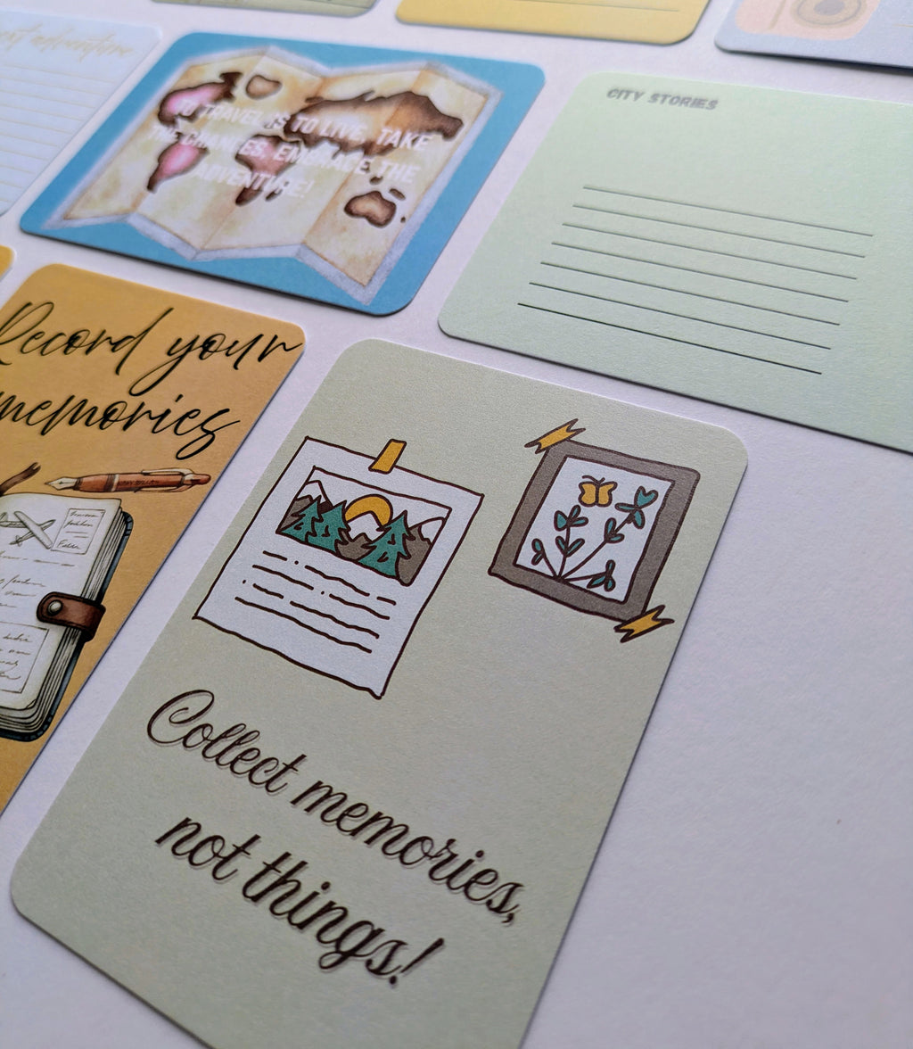 Set of illustrated cards with text and drawings on a white surface