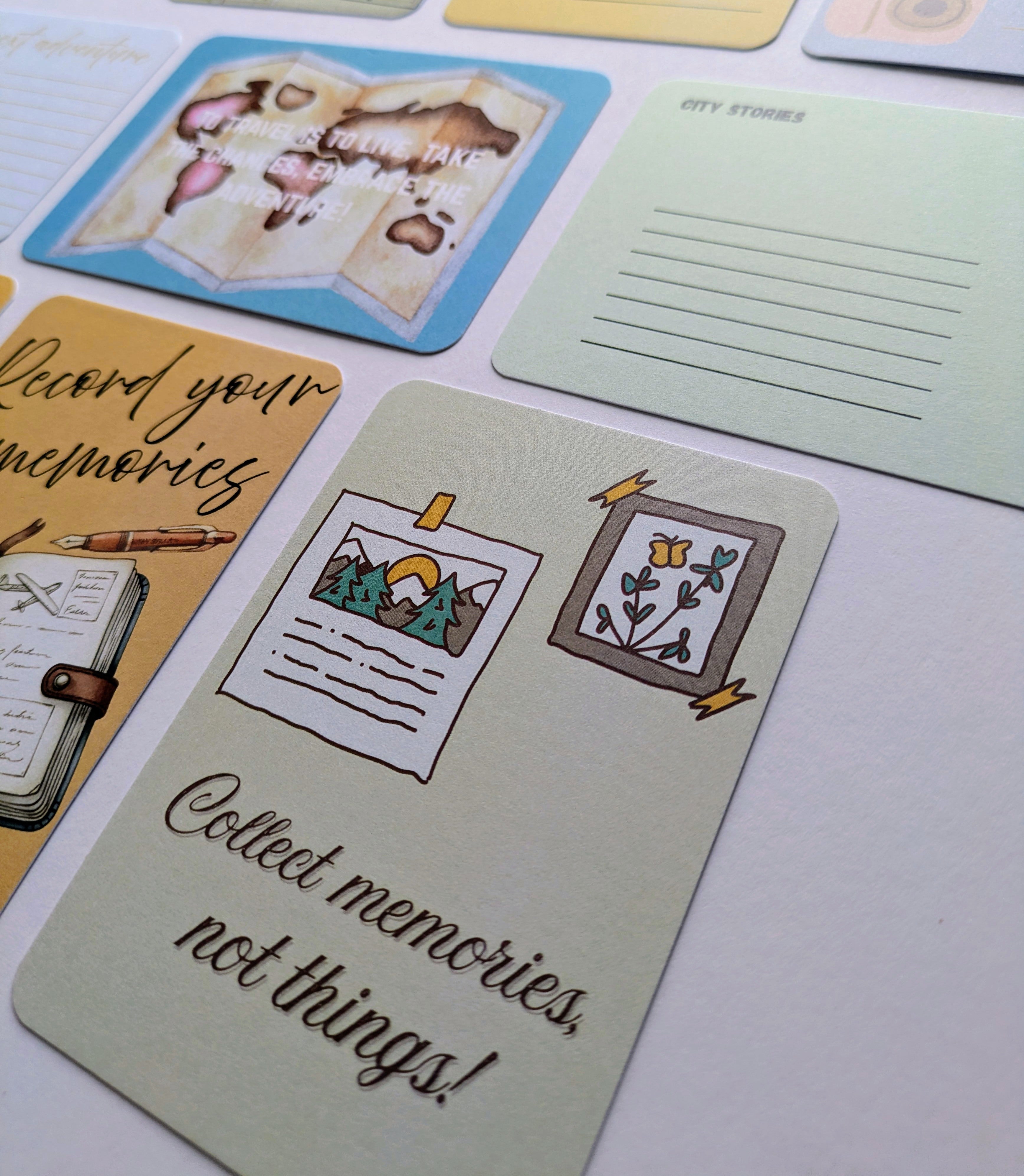 Set of illustrated cards with text and drawings on a white surface