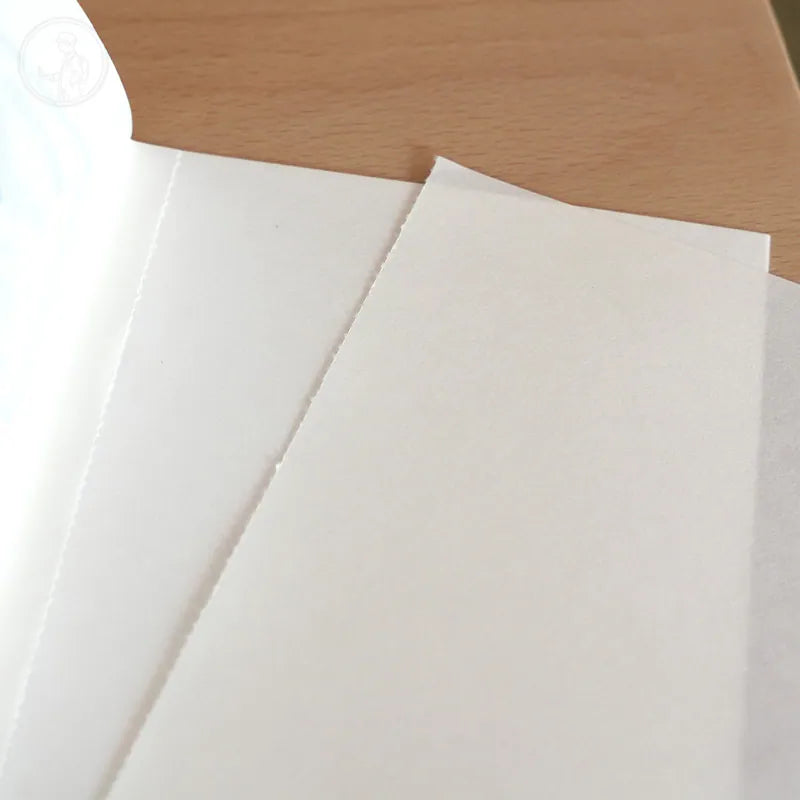 Two overlapping sheets of white cardstock paper on a light wood surface.