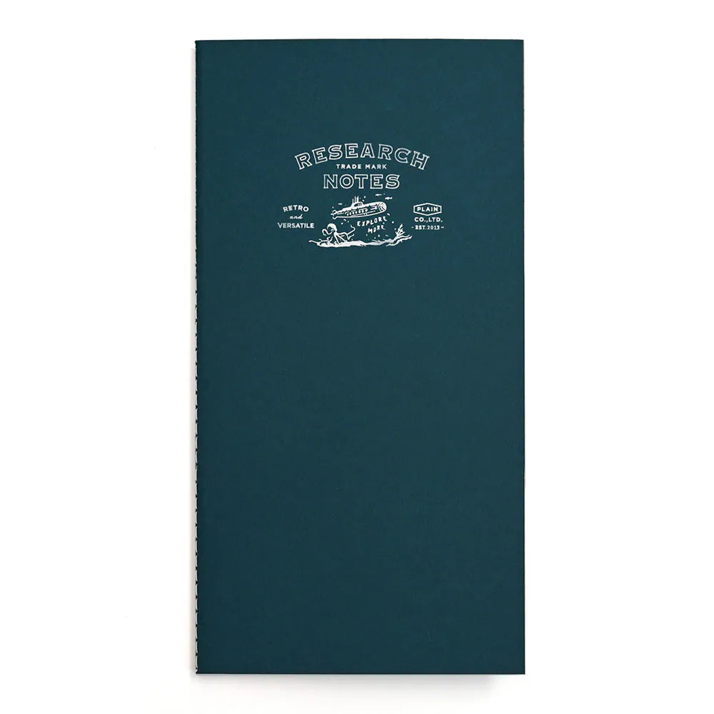 A dark teal blue notebook with white printed text reading 'RESEARCH NOTES' and a small boat illustration on the cover, shown against a plain white background.