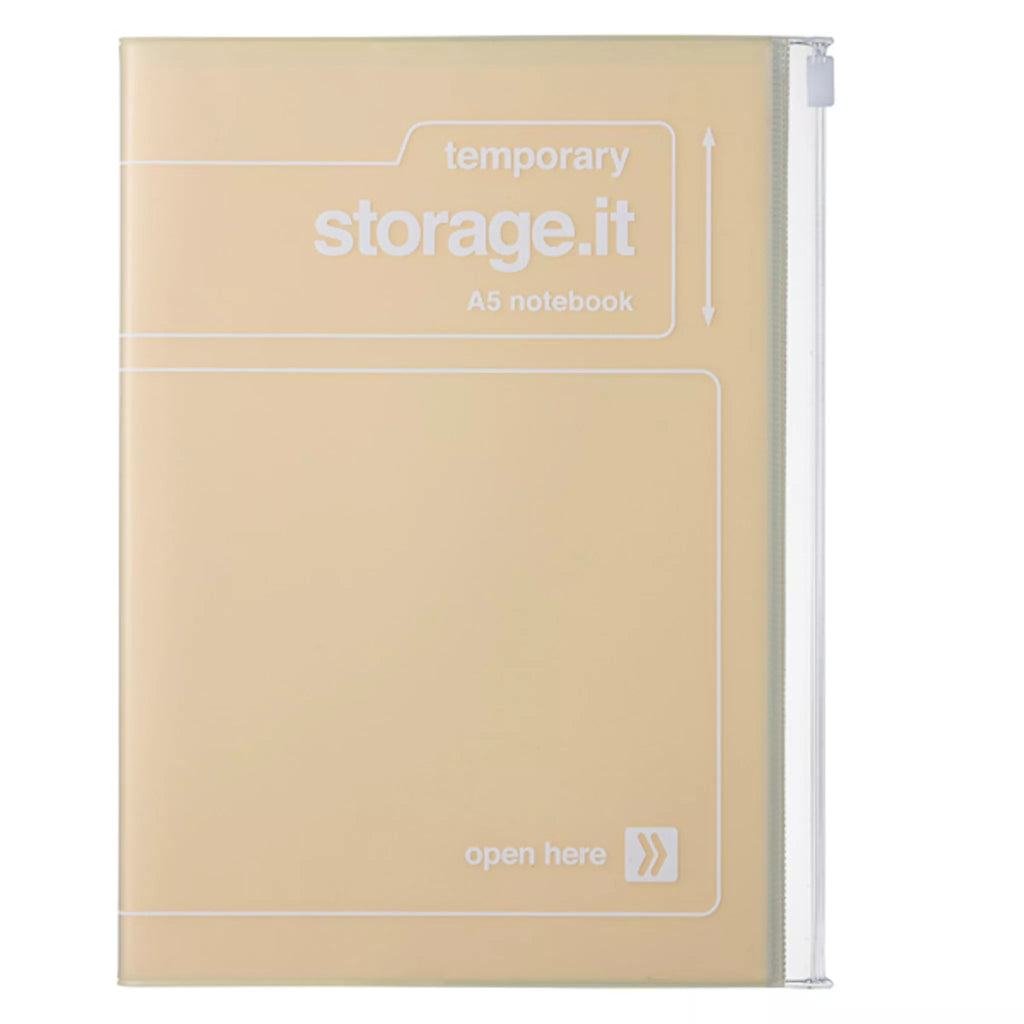 Yellow notebook with 'temporary storage.it' text on a white background
