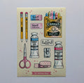 Illustrated art supplies including crayons, pencils, scissors, and paint tubes on a beige background.