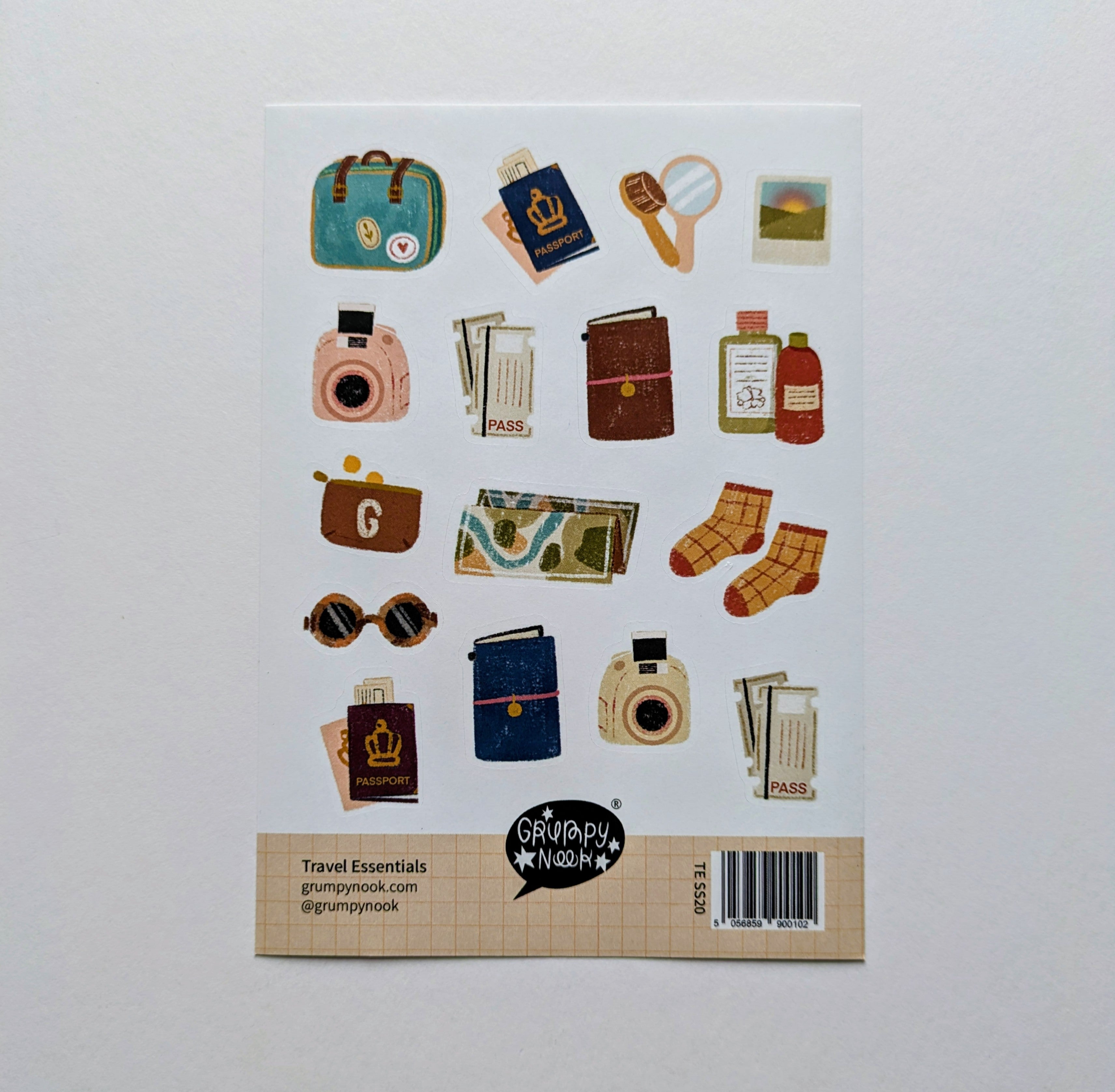 Collection of travel-themed stickers on a white background with 'Grumpy Nook' branding.