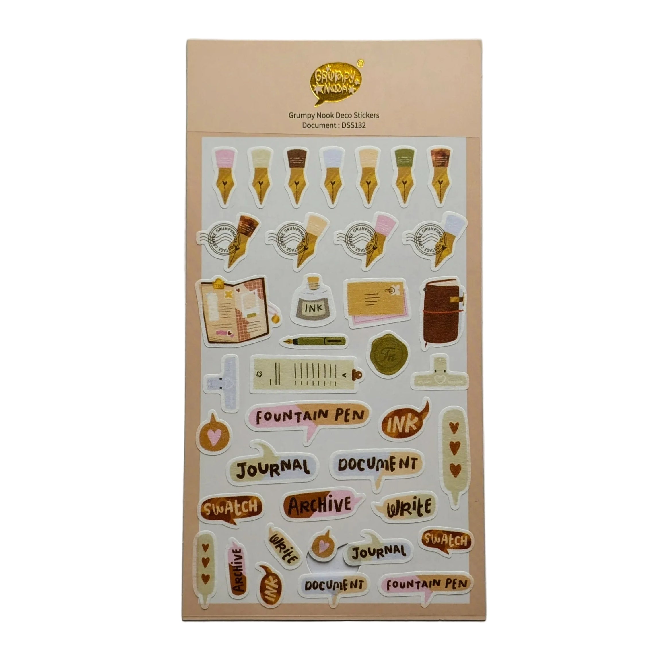 A sheet of cute desk-themed stickers on a beige backing card, displayed against a neutral light gray background. The stickers feature illustrations of fountain pens, notebooks, stamps, and text labels like 'Fountain Pen', 'Journal', and 'Document'.