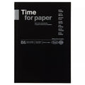 Black notebook with 'Time for paper' text on a white background