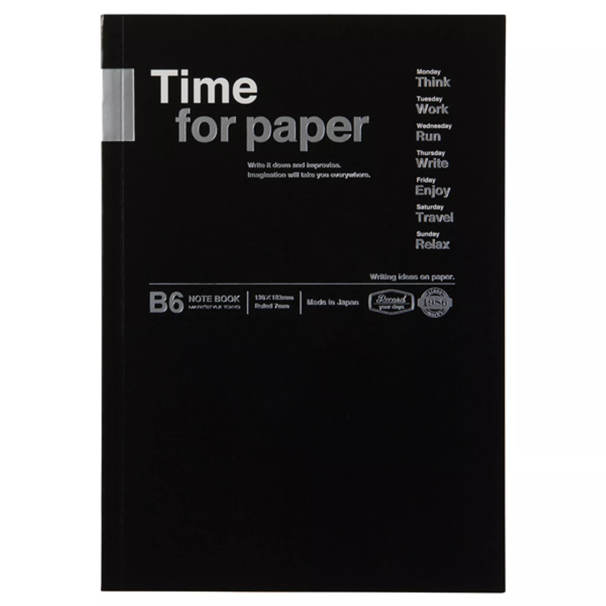 Black notebook with 'Time for paper' text on a white background