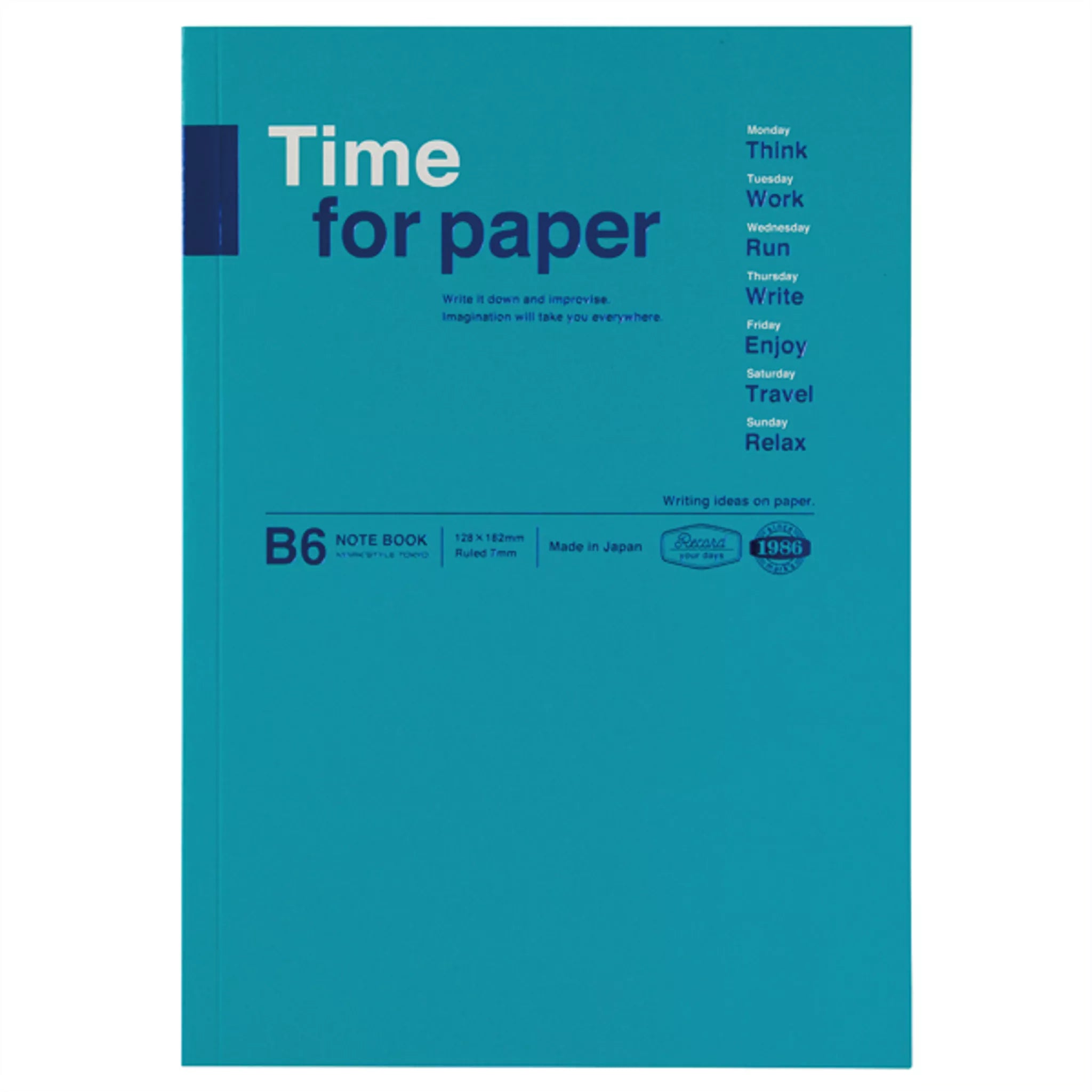 Blue notebook with 'Time for Paper' branding on a white background
