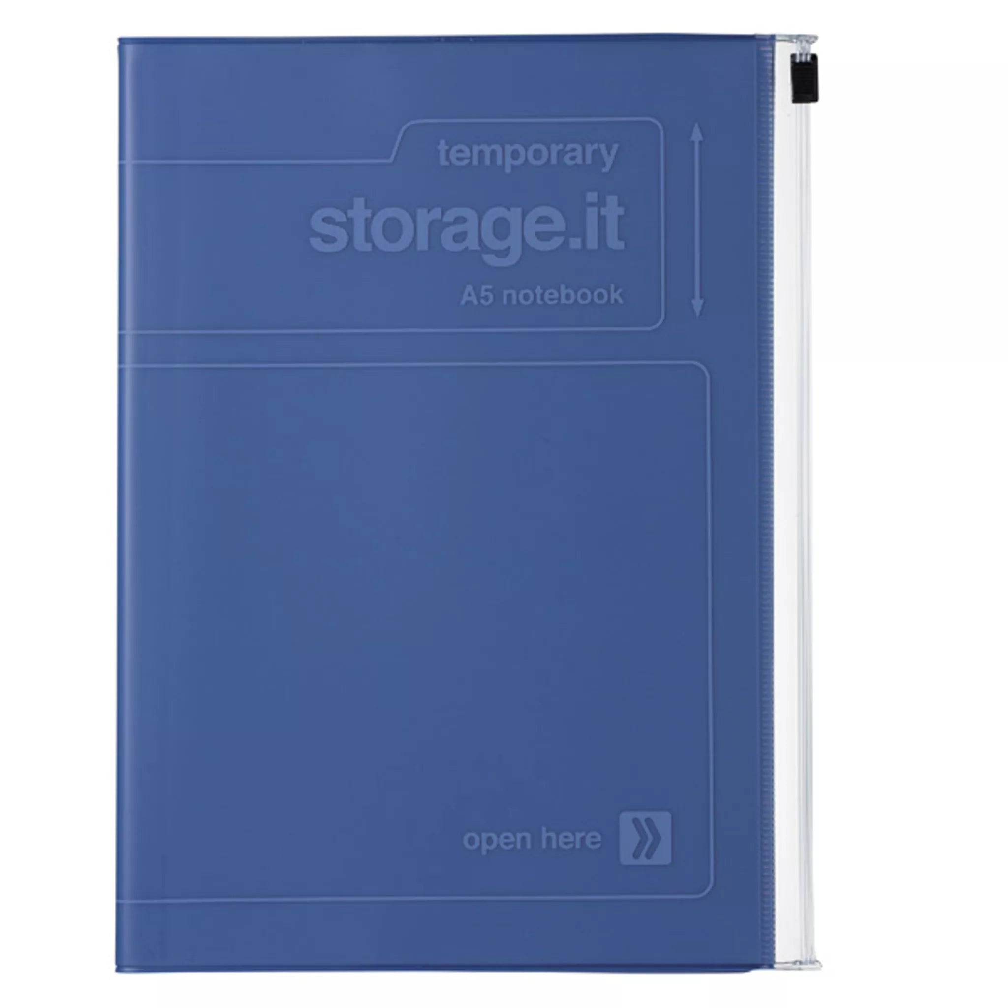A blue A5 temporary storage notebook with a clear zippered side panel, shown on a plain white background.