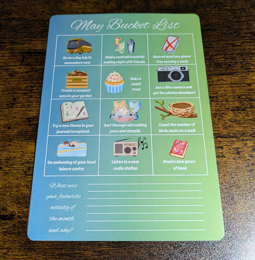 Bucket List x 3 Journal prompt cards. April, May June.