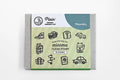 A packaged clear stamp set from Plain Stationery, featuring the 'minimo CLEAR STAMP' with 10 stamps. The product is shown in its gray cardboard sleeve with a light green and teal front label displaying various travel-themed stamp icons.