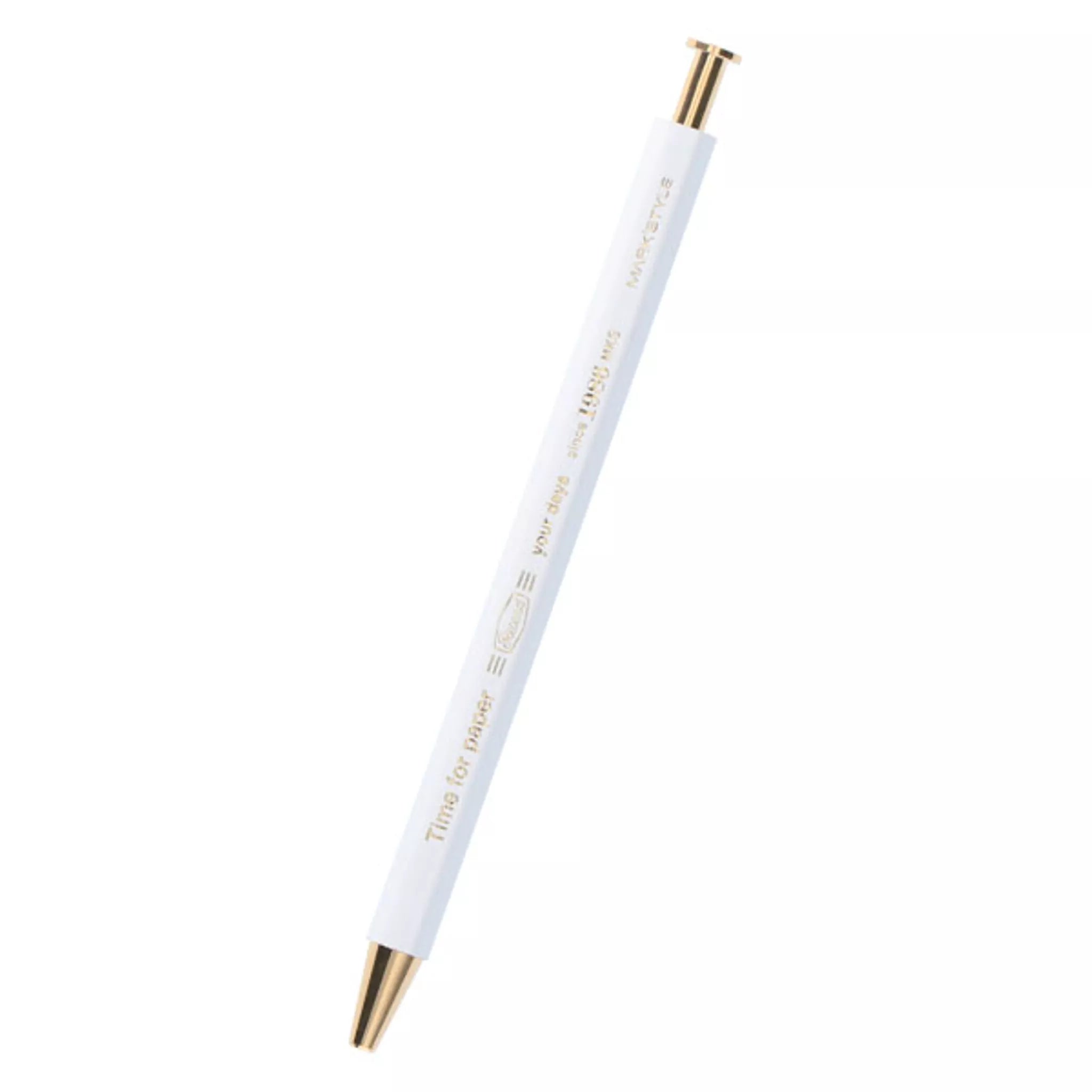 White pen with gold accents on a white background