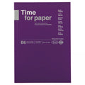 Purple notebook with 'Time for paper' text on a white background