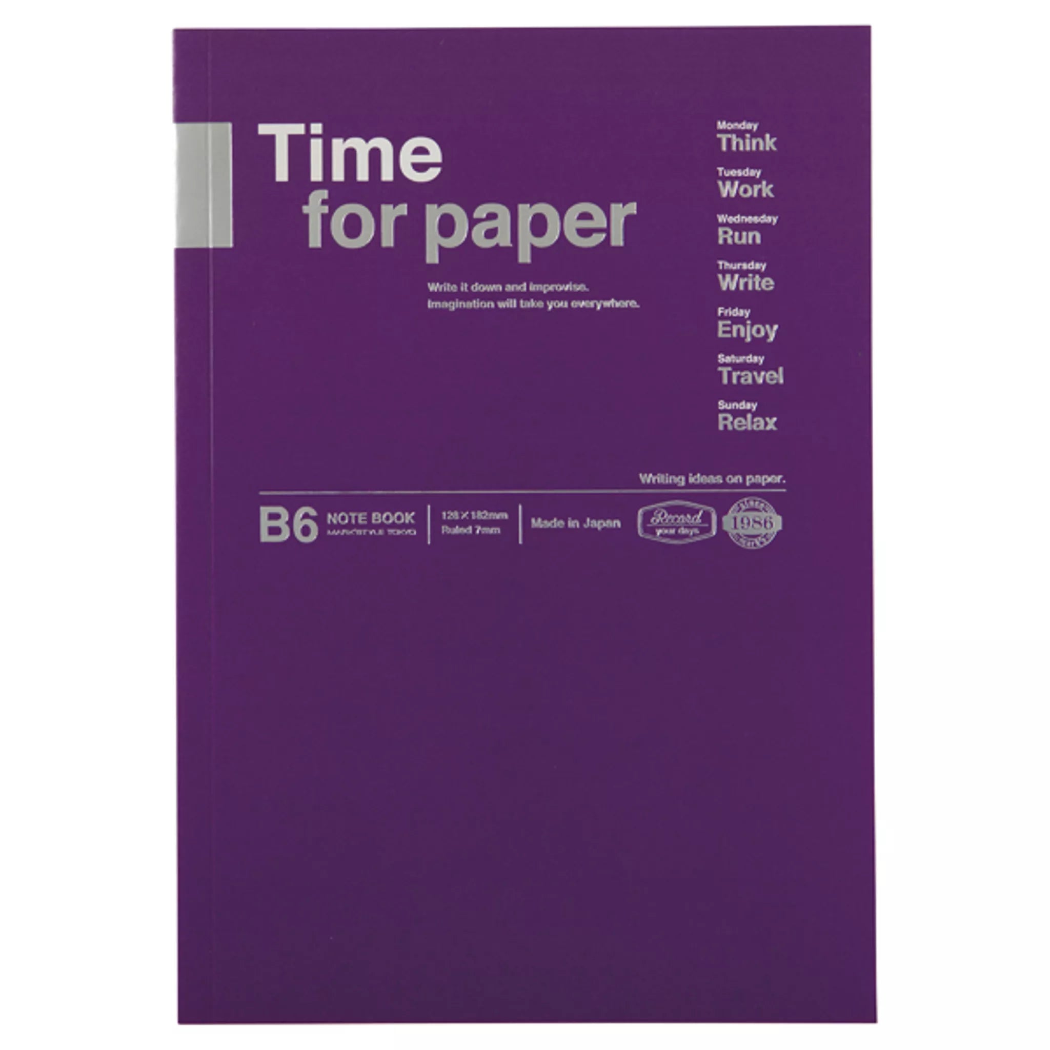 Purple notebook with 'Time for paper' text on a white background