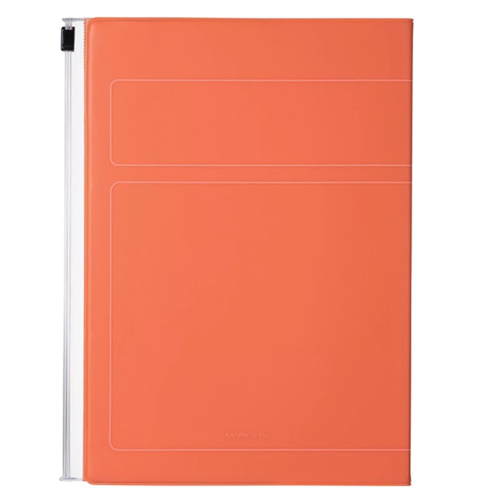An orange folio-style tablet sleeve or document holder with a clear side panel and two horizontal pockets on the front, shown against a plain white background.