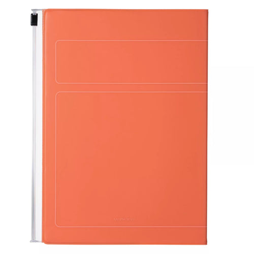 An orange folio-style tablet sleeve or document holder with a clear side panel and two horizontal pockets on the front, shown against a plain white background.