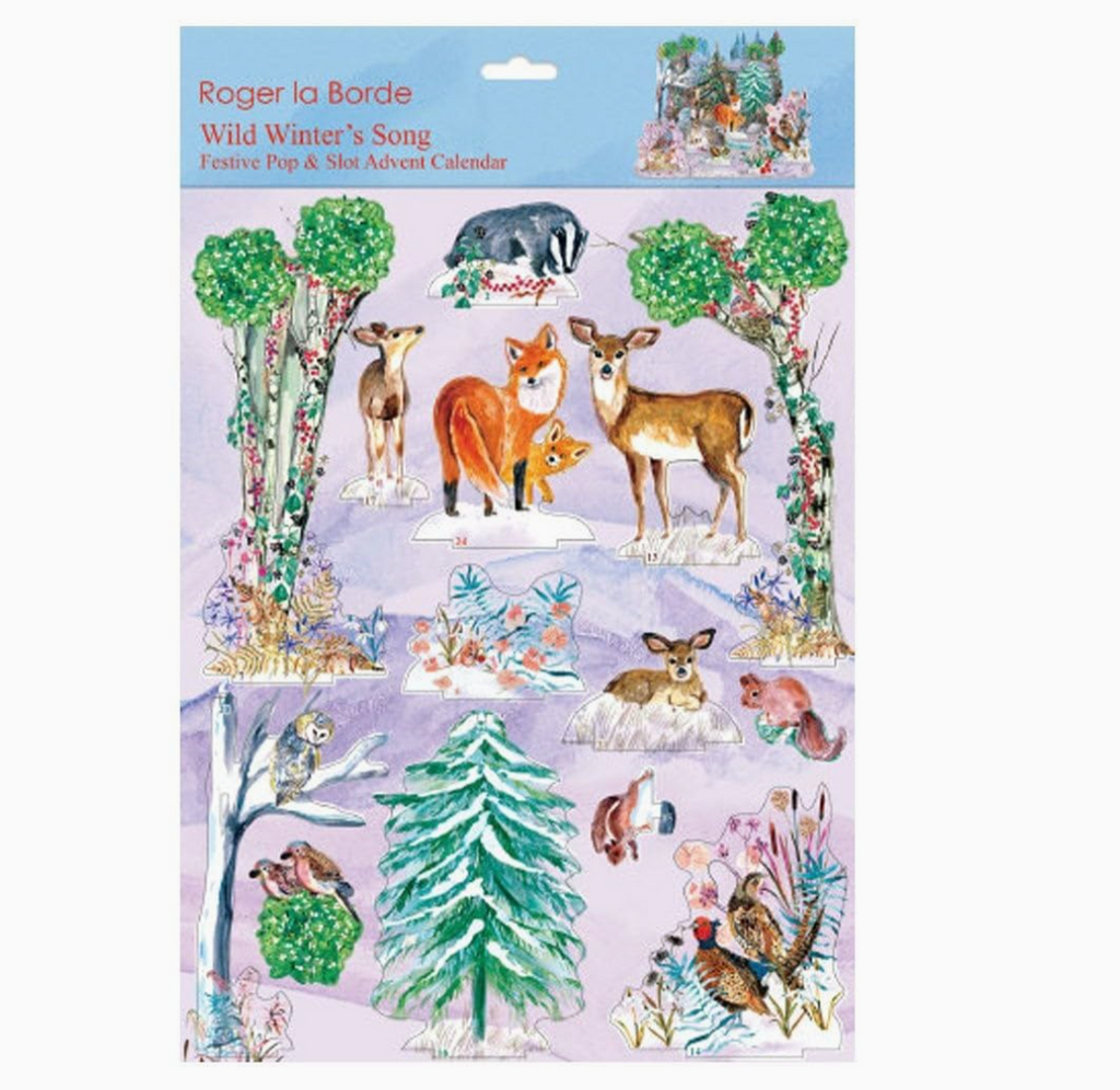 Roger la Borde 'Wild Winter's Song' Festive Pop & Slot Advent Calendar sticker pack, featuring watercolor-style woodland animals, trees, and snowy winter scenes on a light purple background.