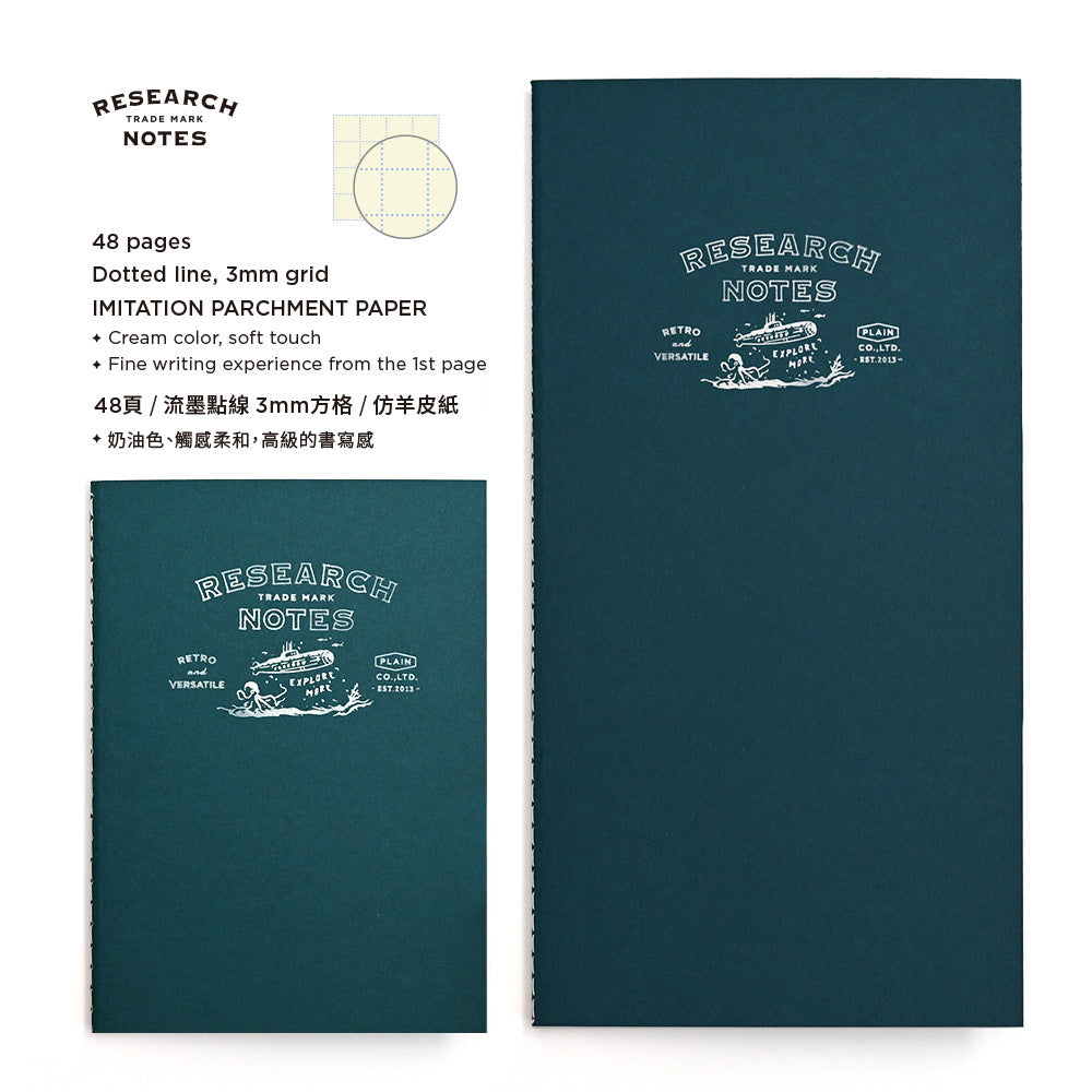 A dark teal notebook shown from the front and back on a white background, with printed text describing the product as Research Notes imitation parchment paper, 48 pages, dotted line, 3mm grid, cream color, soft touch.