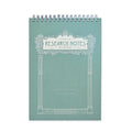 A mint green spiral-bound notebook titled 'RESEARCH NOTES' with a white classical column border design on the cover, photographed against a plain white background.