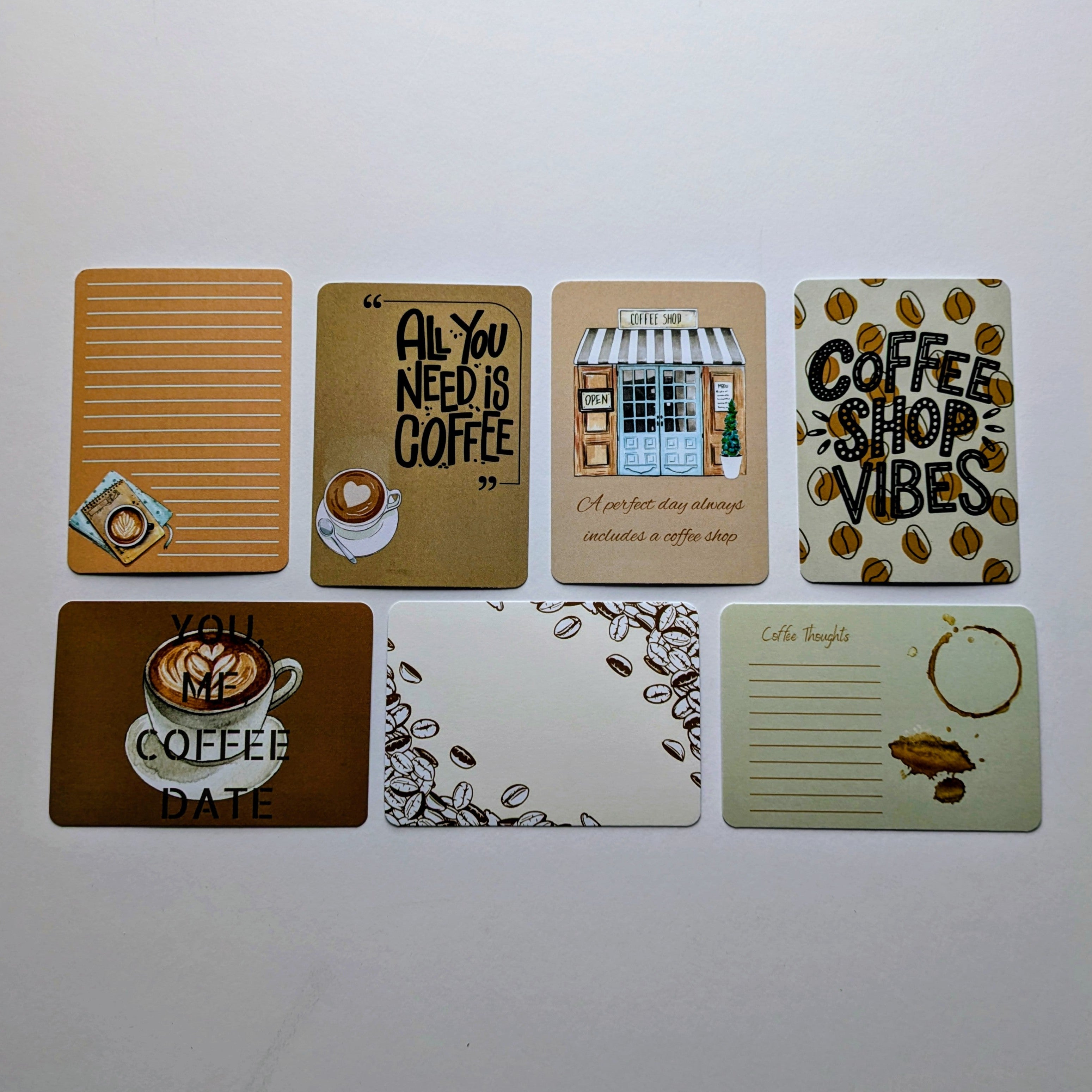 Set of coffee-themed cards on a white background