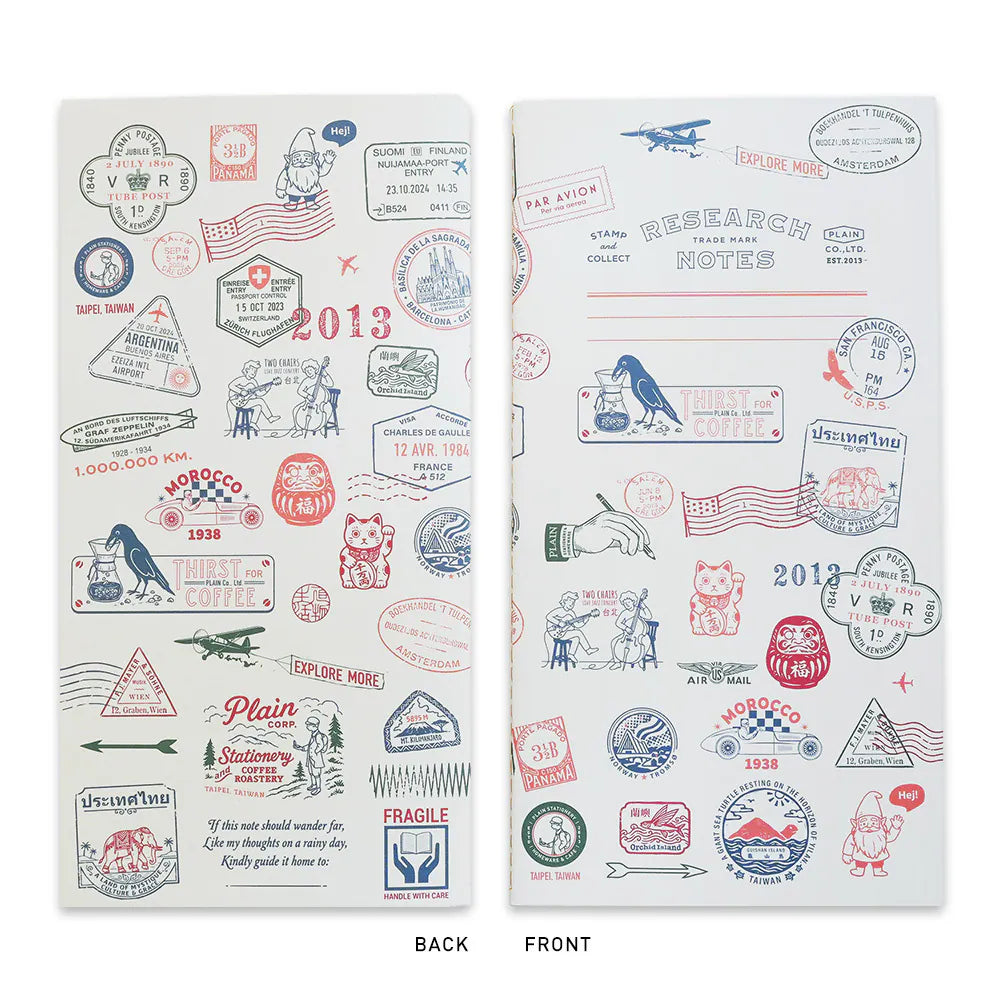 Two white memo pads shown side by side, labeled BACK and FRONT, covered in colorful travel stamp illustrations and postcard designs on a light gray background.