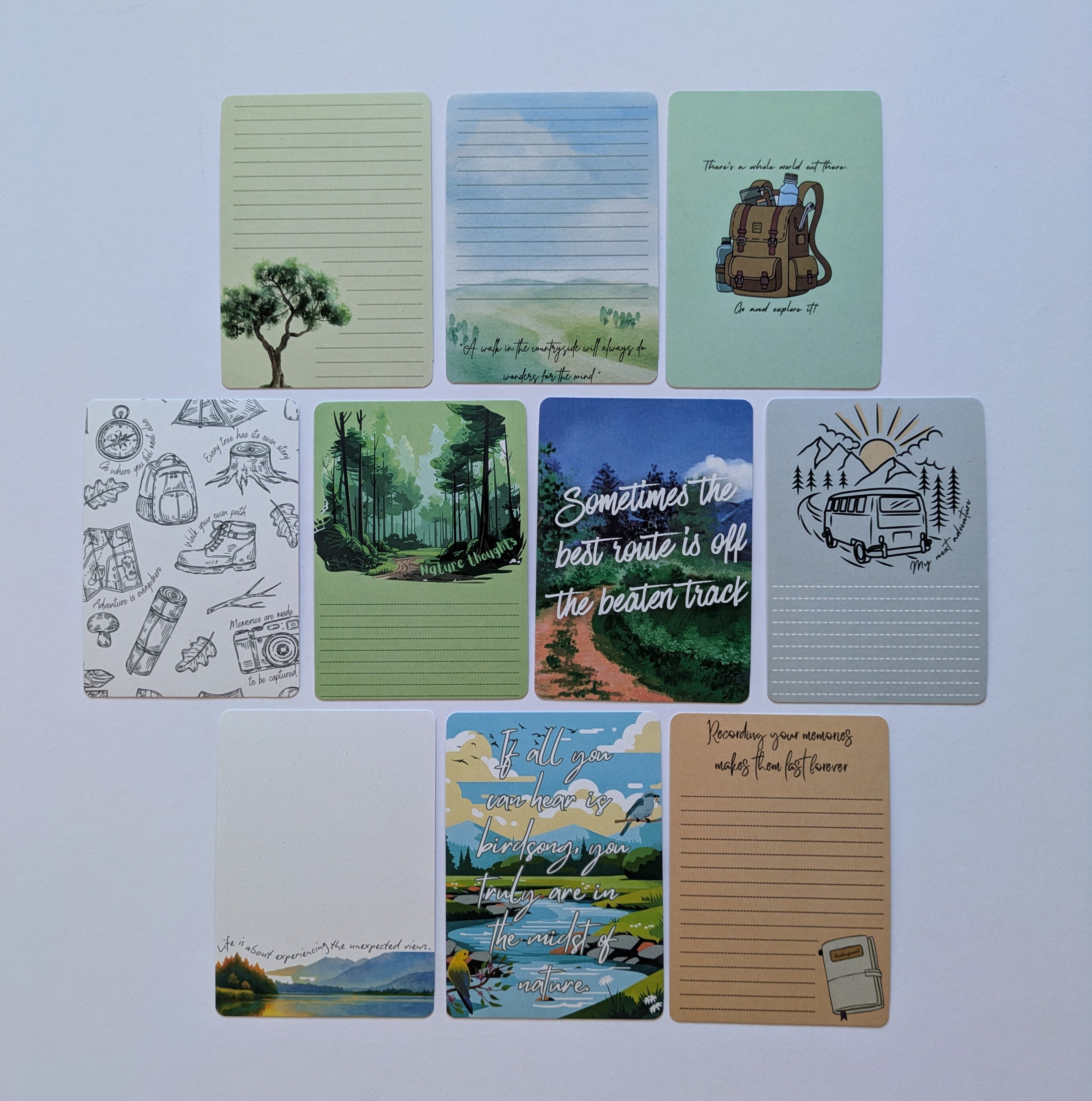 Set of travel-themed cards on a white background