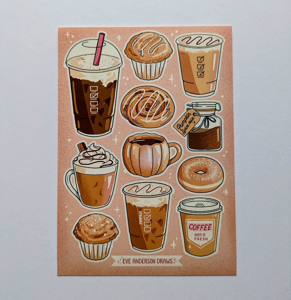 Illustrations of coffee drinks, pastries, and a jar on a pink background with 'Eve Anderson Draws' text.
