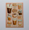 Illustrations of coffee drinks, pastries, and a jar on a pink background with 'Eve Anderson Draws' text.