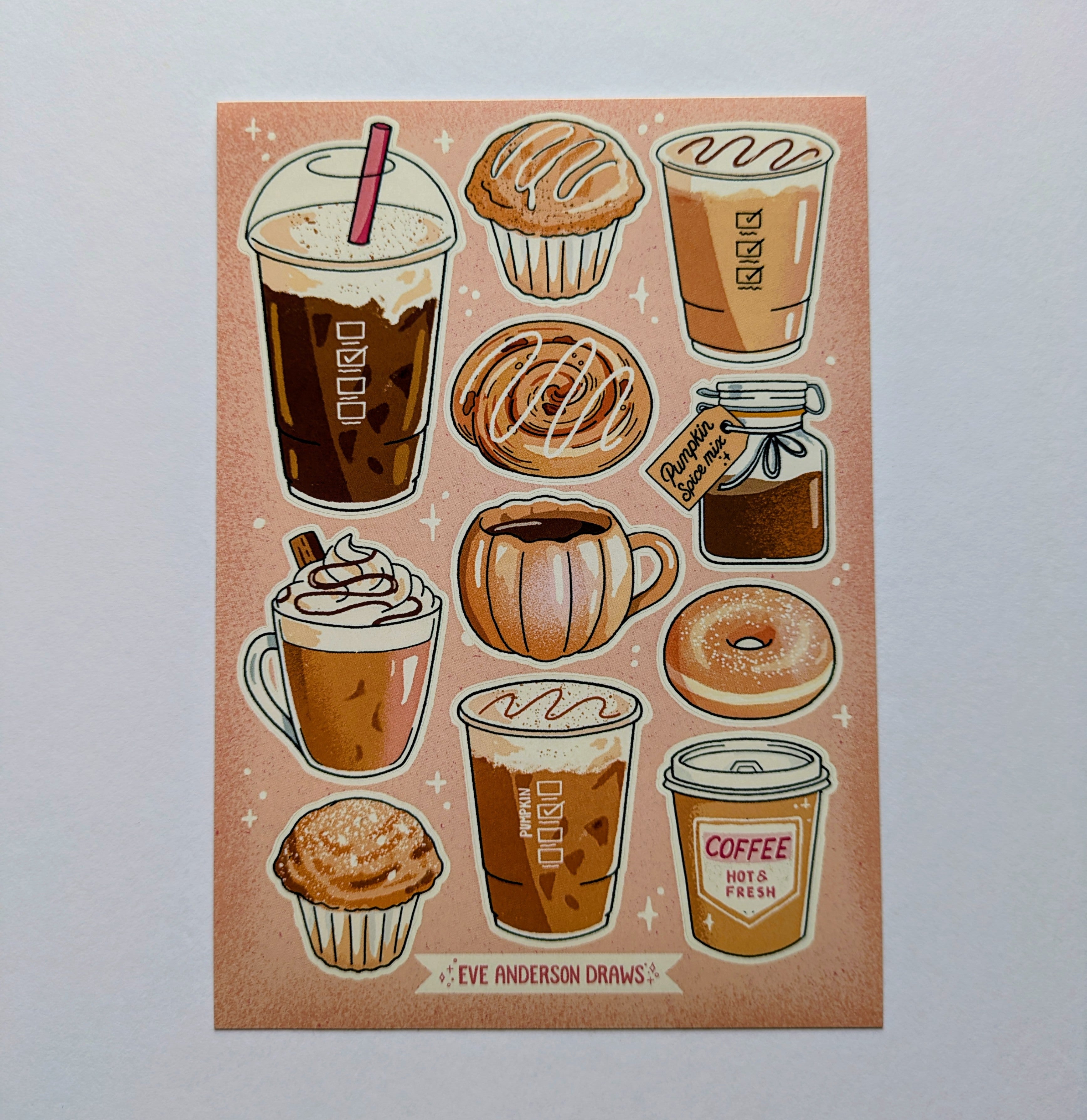 Illustrations of coffee drinks, pastries, and a jar on a pink background with 'Eve Anderson Draws' text.