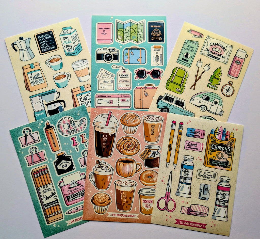 Set of colorful illustrated stickers on a white background