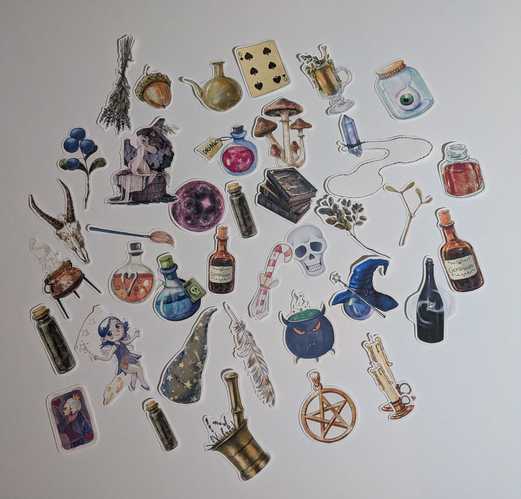 38 pcs Magic Divination Stickers. Witch, Potion Themed. Paper Stickers. Journal, scrapbook supplies.