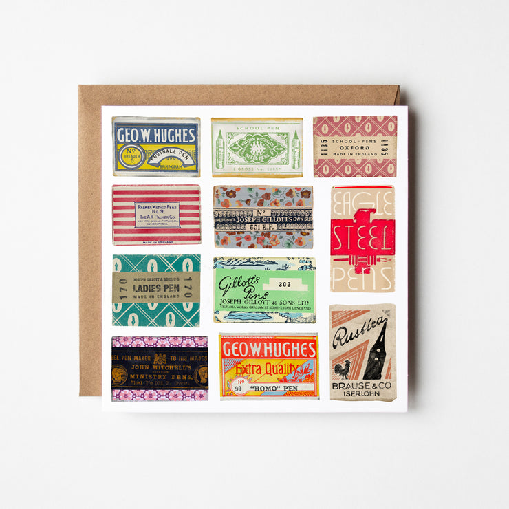 A square greeting card with a kraft envelope behind it, featuring a collage of vintage-style pen nib packaging  in multiple colors on a white background.