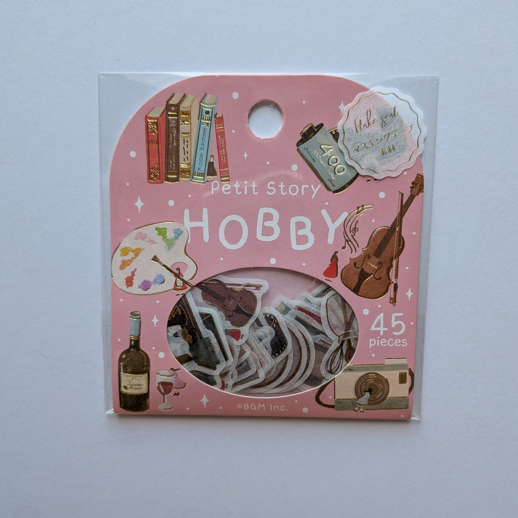 A pink retail package labeled 'Petit Story HOBBY' containing 45 mini stickers, shown against a plain light gray background.