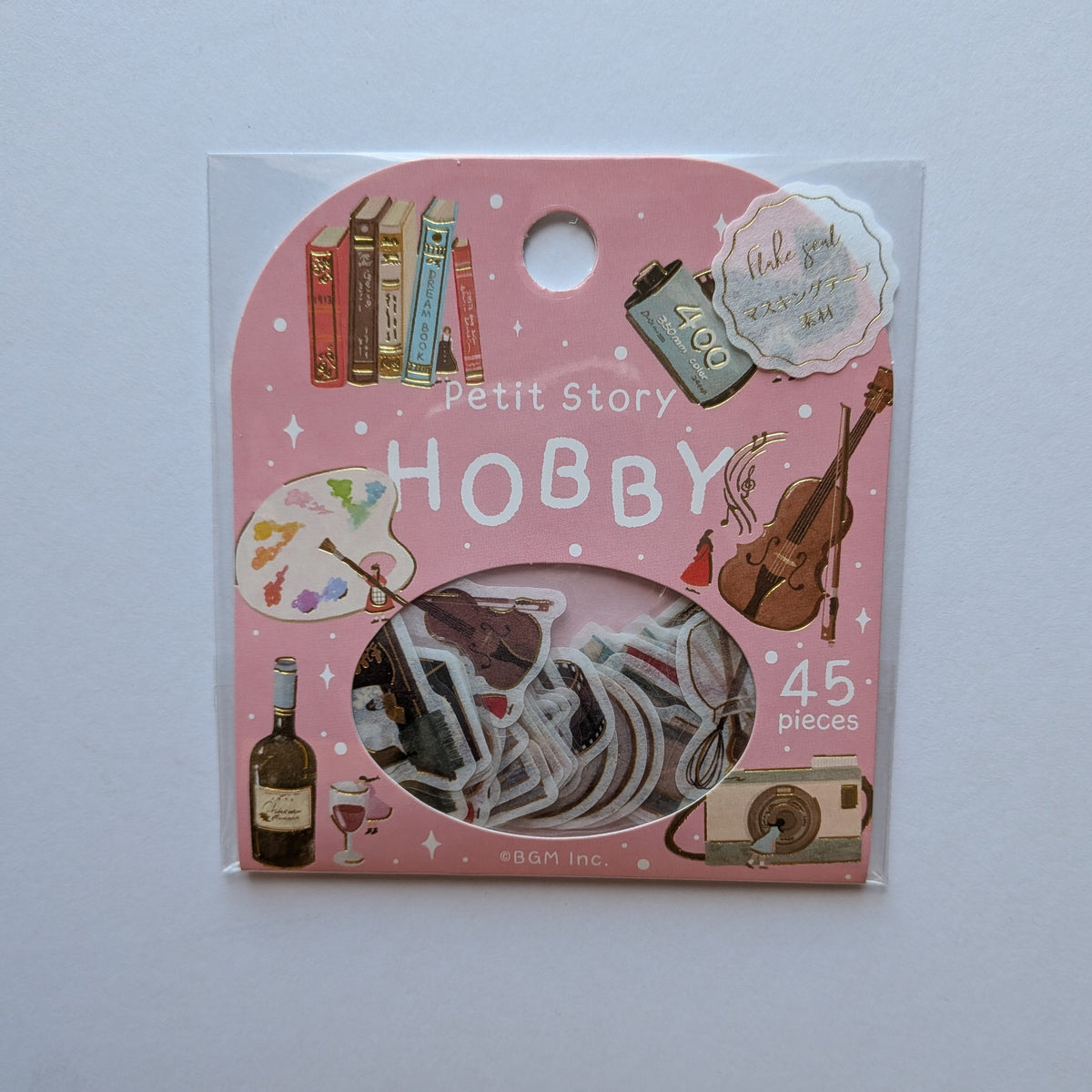 A pink retail package labeled 'Petit Story HOBBY' containing 45 mini stickers, shown against a plain light gray background.