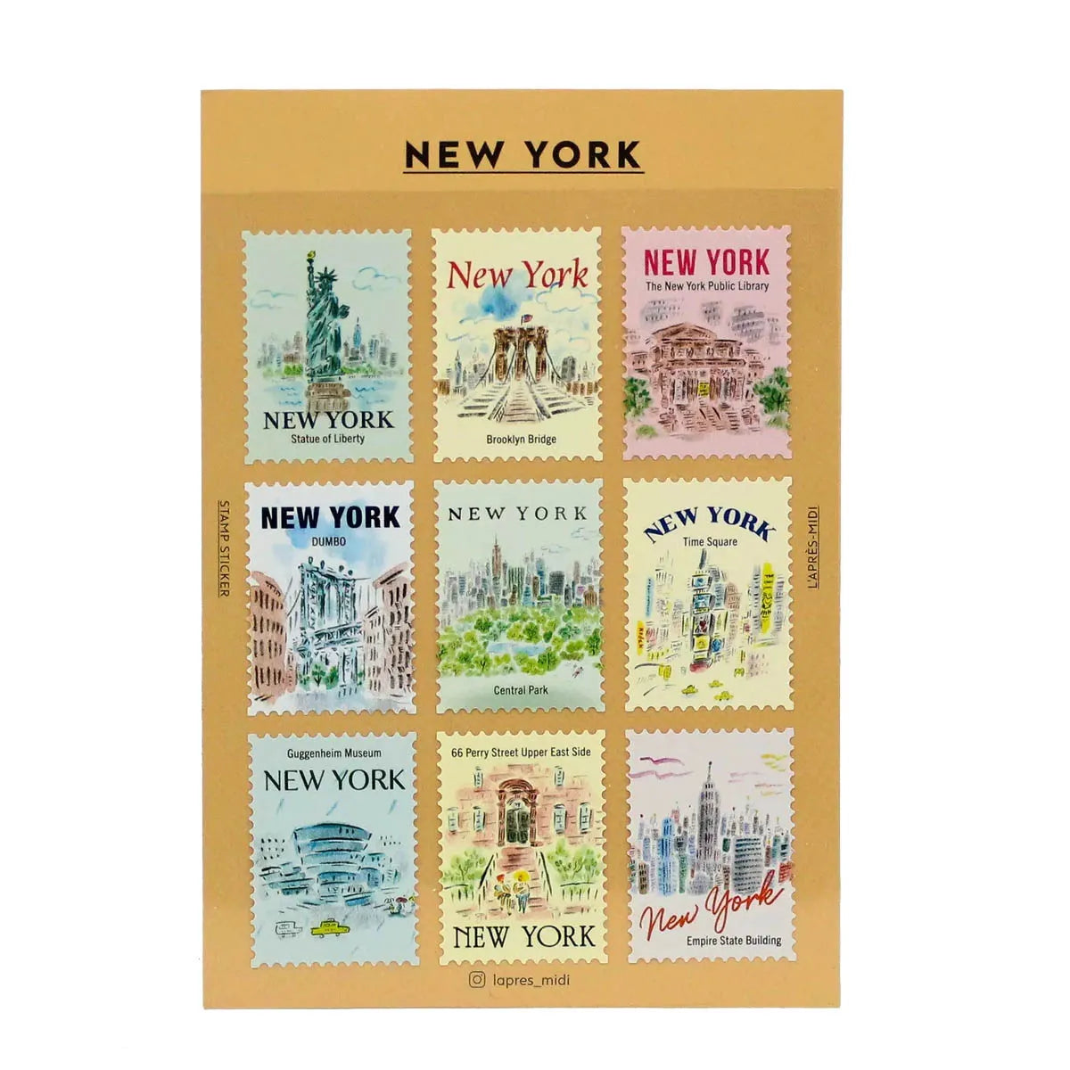 Collection of New York-themed stamp stickers on a display card.