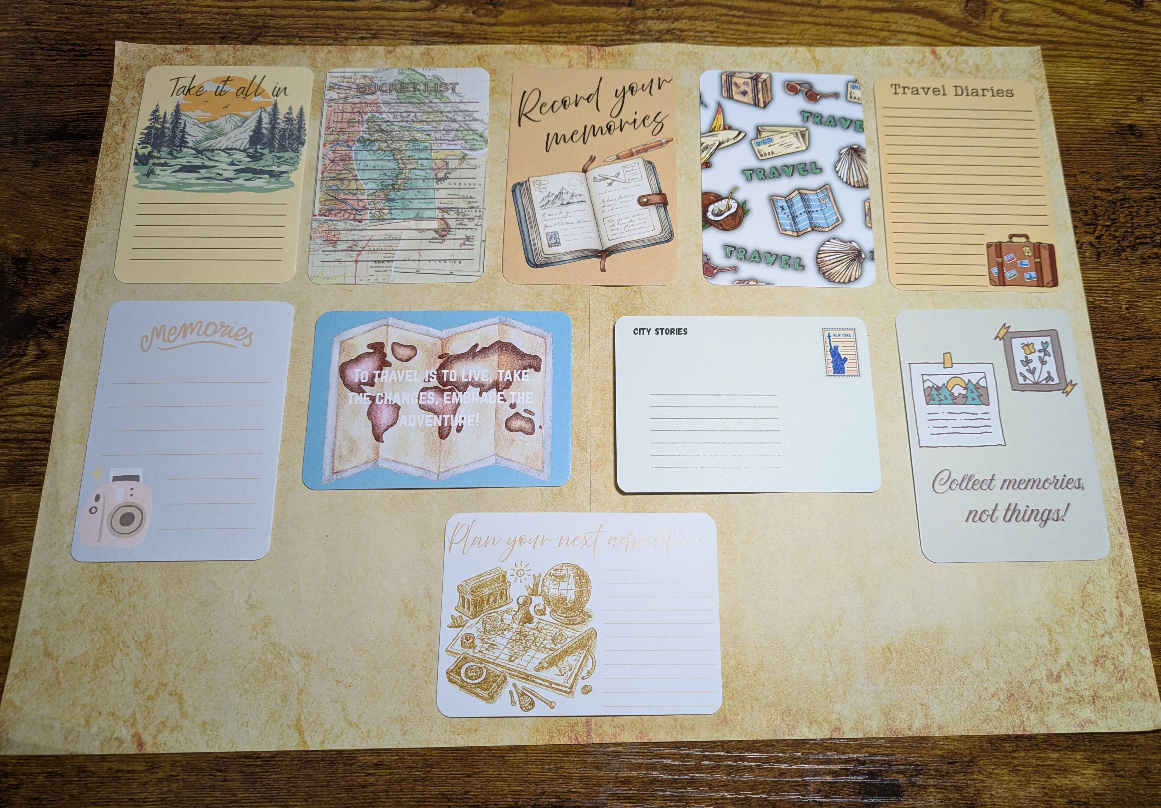 Set of 10 'Travel Diaries' Themed Journal Cards! A7, 300gsm - scrapbooking. Bullet Journal Accessories. Ephemera.
