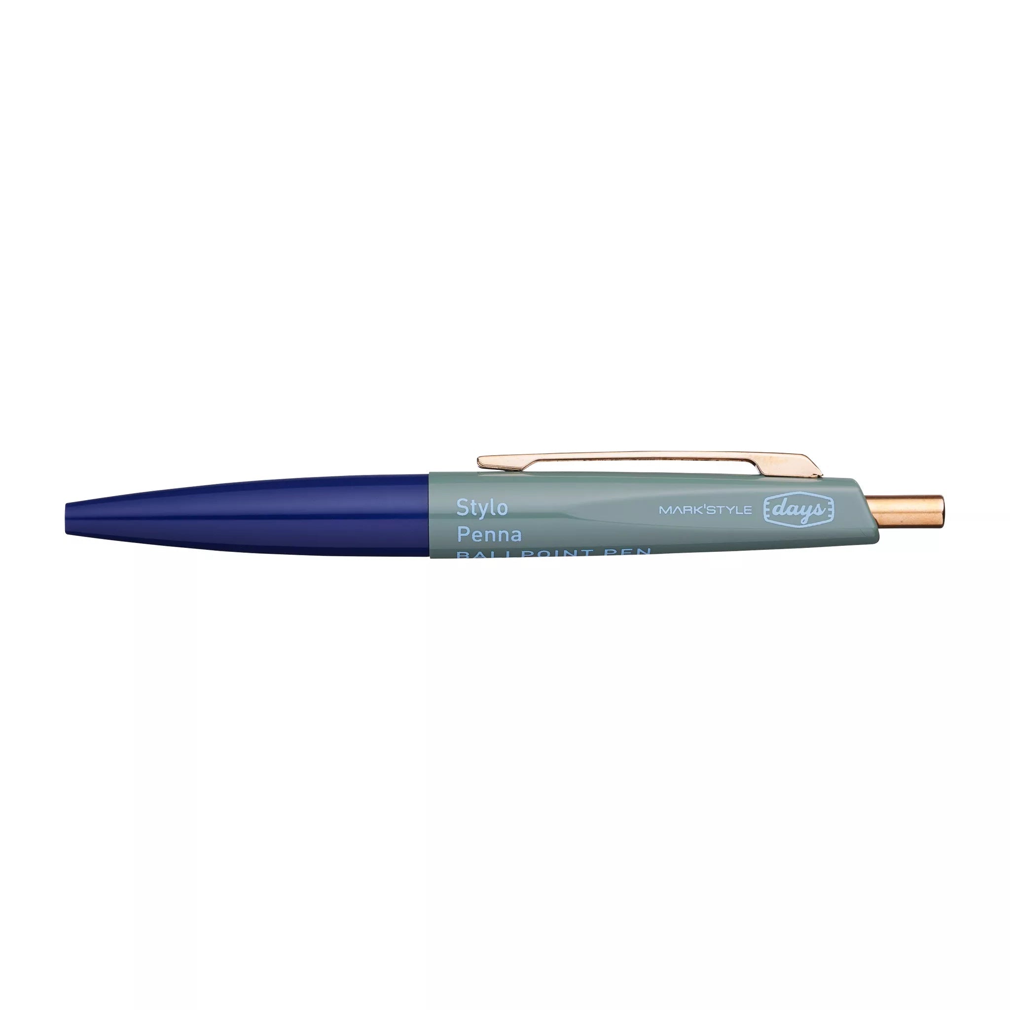 Pen with blue and gray design on a white background
